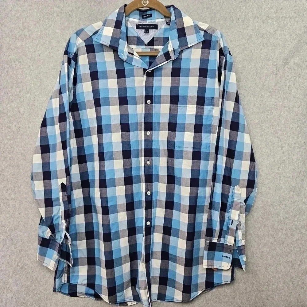 Tommy Hilfiger Regular‎ Fit Blue Plaid Mens Size 16.5 Neck 32-33 Sleeve
